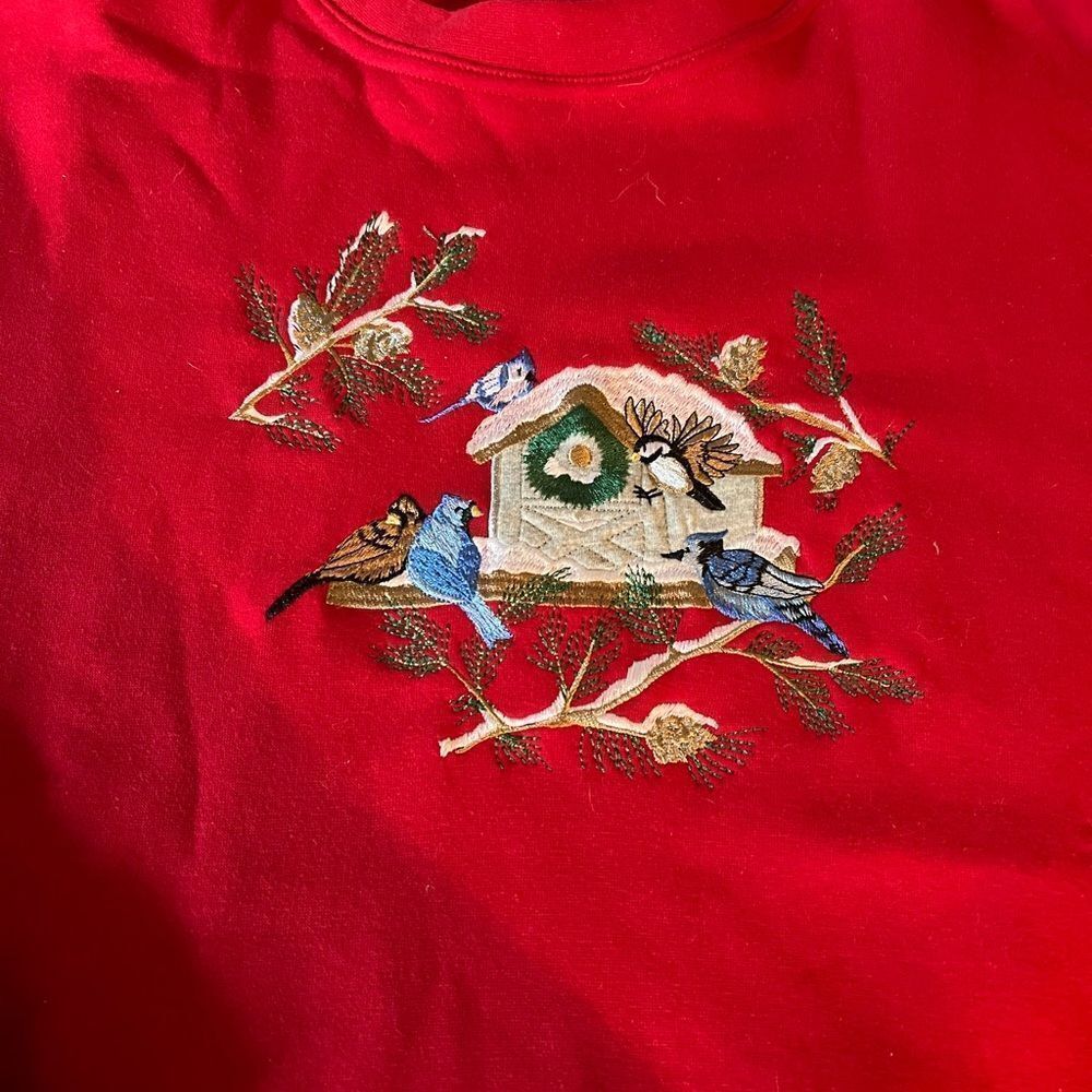 Links Red Christmas Birds Embroidered Sweatshirt sz 3X EUC